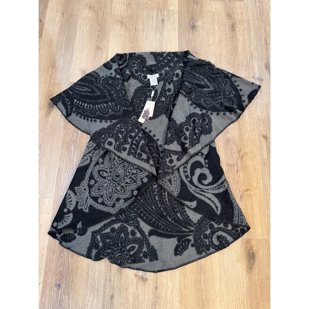 Charlie Paige Boho Paisley Wrap Cape Womens One Size Grey Black Reversible Knit